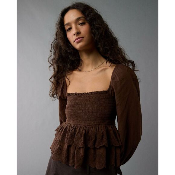 American Eagle Brown Embroidered Smocked Top Size Small - Picture 1 of 4